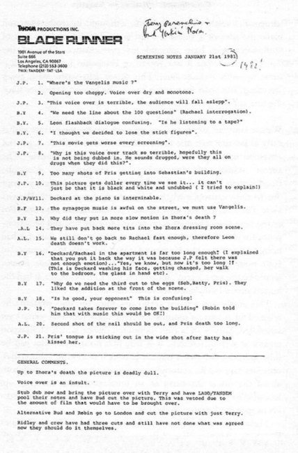 'Blade Runner' Screening Notes 'Blade Runner' Screening Notes