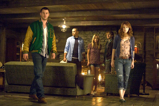 From left to right: Curt (Chris Hemsworth), Holden (Jesse Williams), Jules (Anna Hutchison), Marty (Fran Kranz) and Dana (Kristen Connolly) in THE CABIN IN THE WOODS.